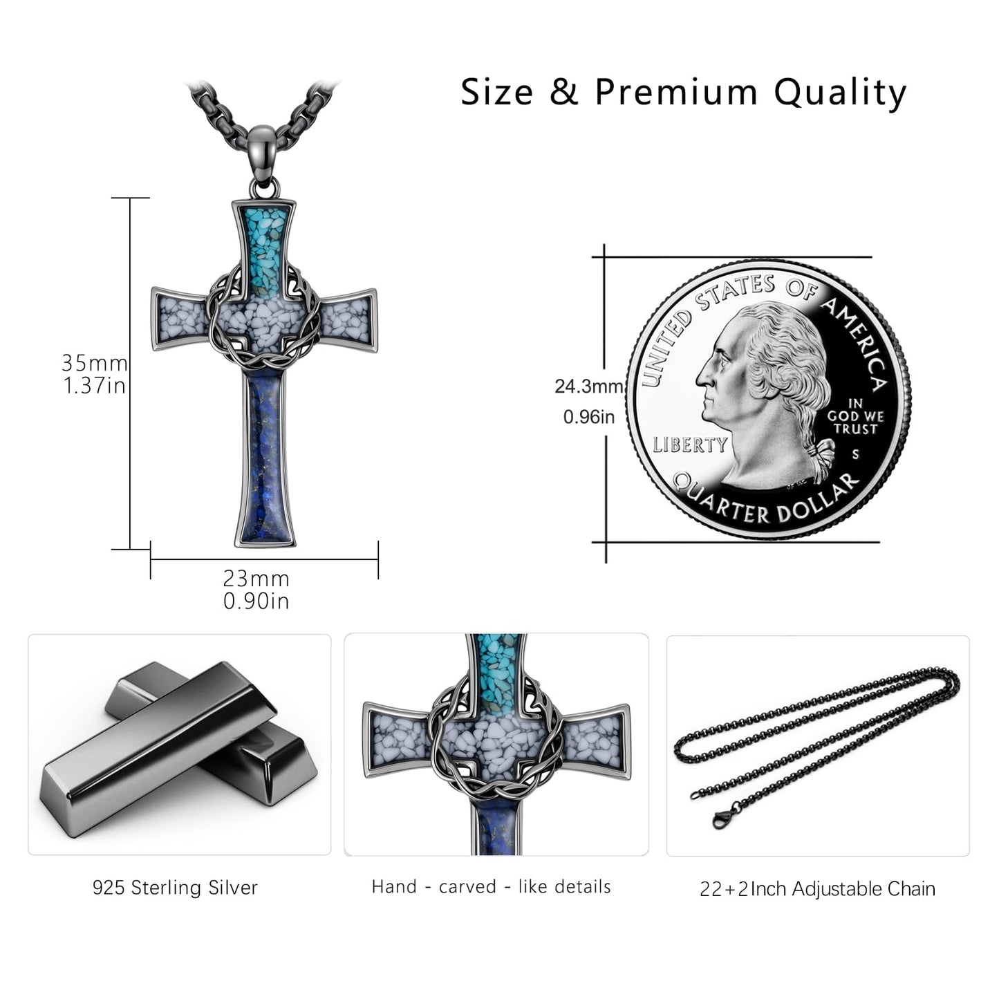 YEESIA Cross Necklace for Women Men, 925 Sterling Silver, Black Thorn Crown Cross Pendant Necklace with Turquoise, Christian Jewelry, Gift for Women Men