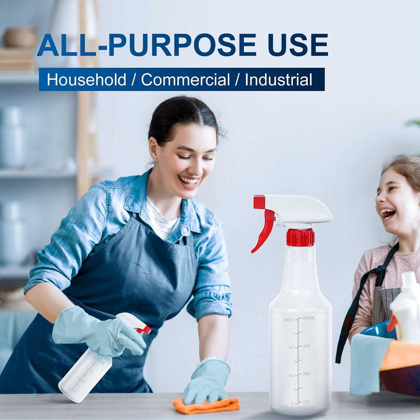 Veco Spray Bottle (5 Pack,24 Oz) with Measurements and Adjustable Nozzle(Mist & Stream Mode), HDPE Plastic Spray Bottles for Cleaning Solution, Household/Commercial/Industrial Use, No Leak and Clog