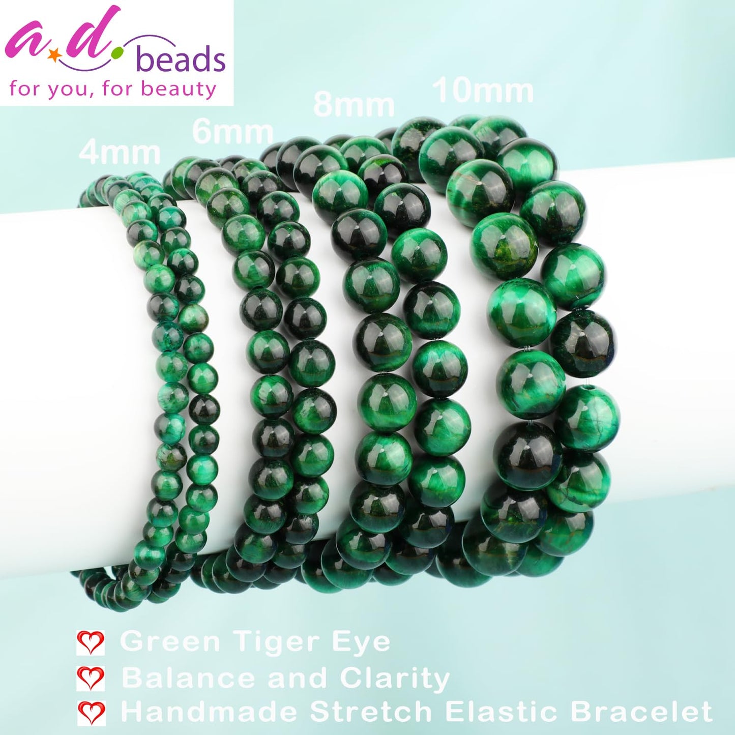 AD Beads 8mm Handmade Green Tiger Eye Elastic Bracelet – Natural Gemstone for Balance, and Clarity – Meditation, Yoga, Healing and Energy Gift for Men Women