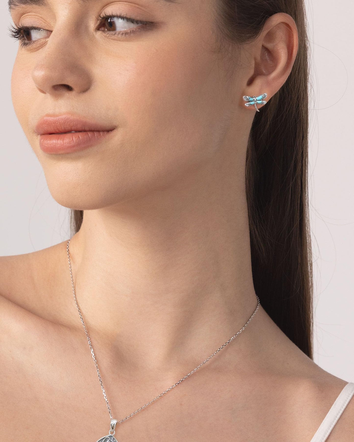 S925 Sterling Silver Turquoise Dragonfly Sunflower /Hummingbird/Butterfly/Cross/Anchor Earring Vintage Bohemian Jewelry Natural Drop/Stud Earrings Birthday Jewelry Gifts for Women (Dragonfly Turquoise Stud-Earrings)