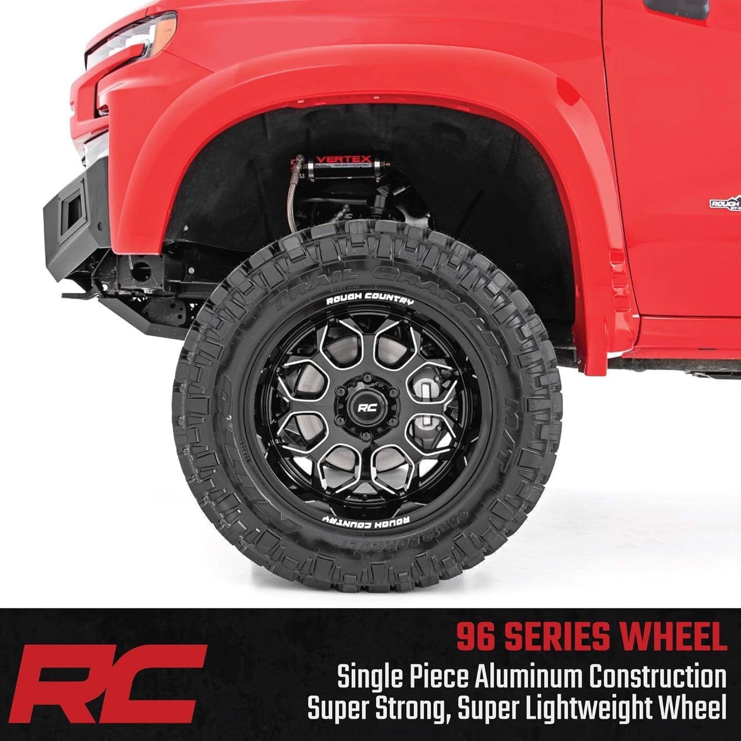Rough Country 96 Series One-Piece Aluminum Wheel 20x10, 6x5.5" Bolt Pattern, 19mm Offset - Gloss Black w/Milled Accents, 8-Spoke, Lightweight with Center Cap