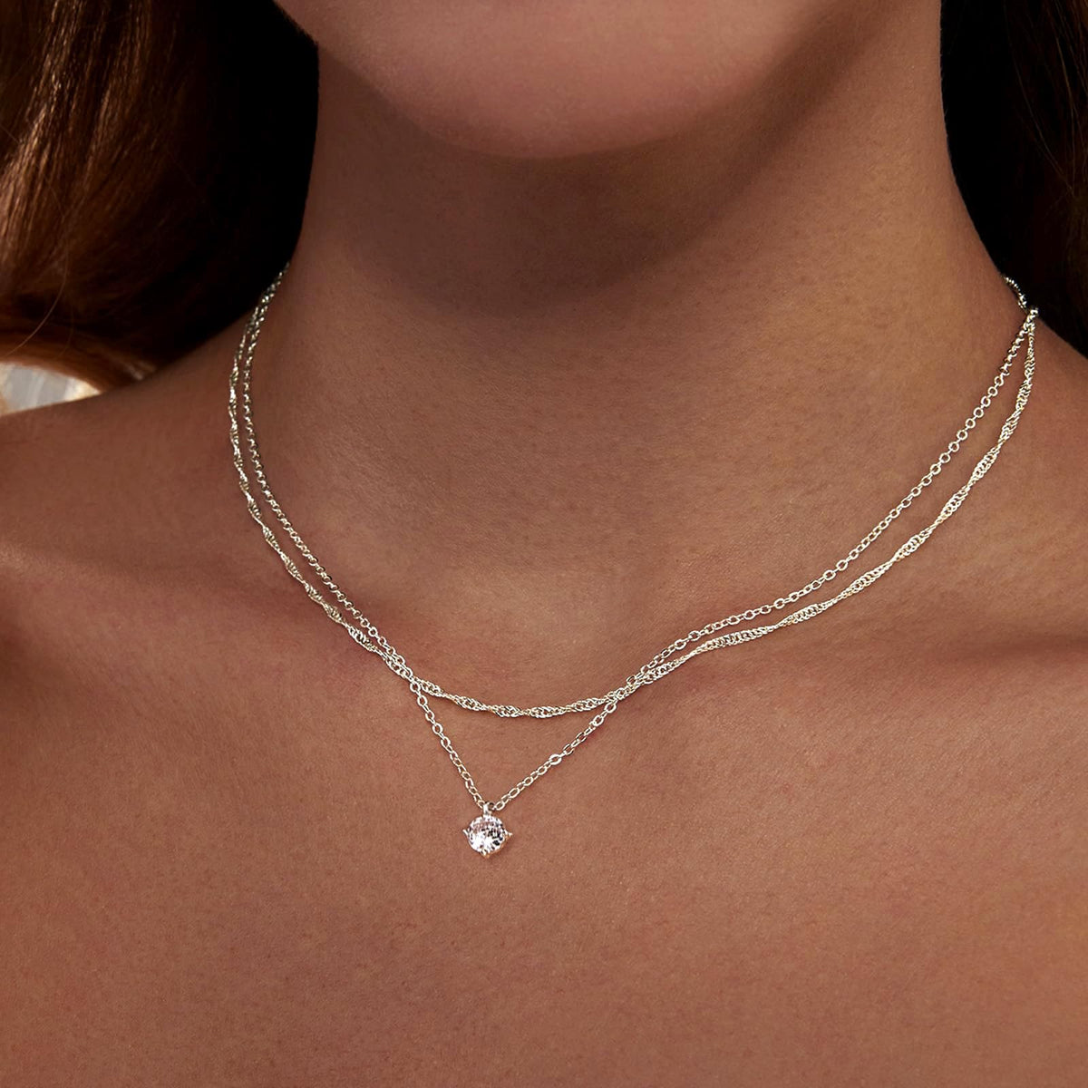 Zeffy Silver Necklace for Women Dainty Silver Layered Necklaces Silver Plated Diamond Necklaces Simple CZ Solitaire Pendant Necklace Cute Silver Chain Choker Necklaces for Women Trendy