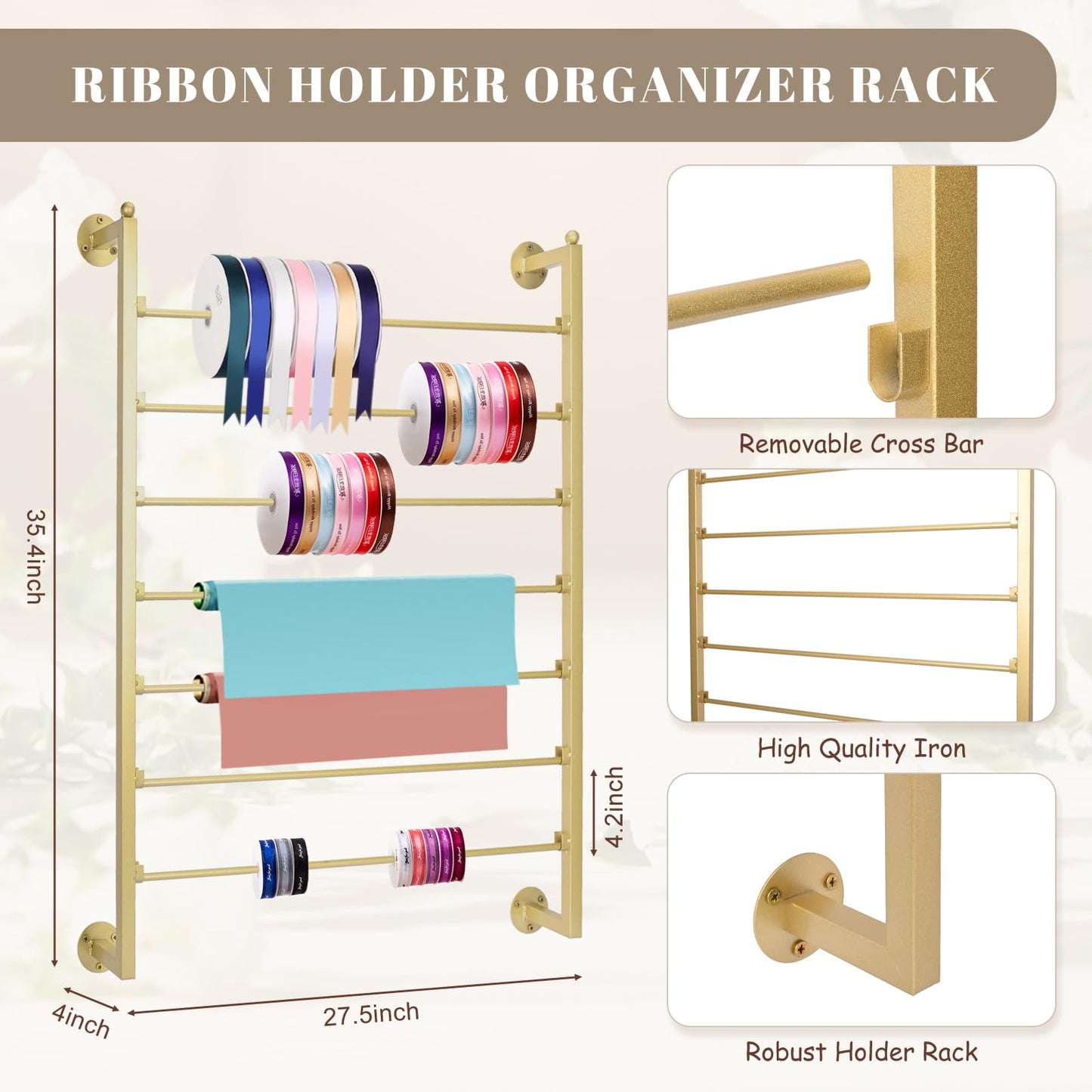 Yonynise Ribbon Storage Organizer,Wall Mounted Ribbon Holder Rack,7 Tier Large Capacity Metal Ribbon Storage for Craft Room,Flower Shop,Cake Shop,Gift Wrapping Paper,Golden