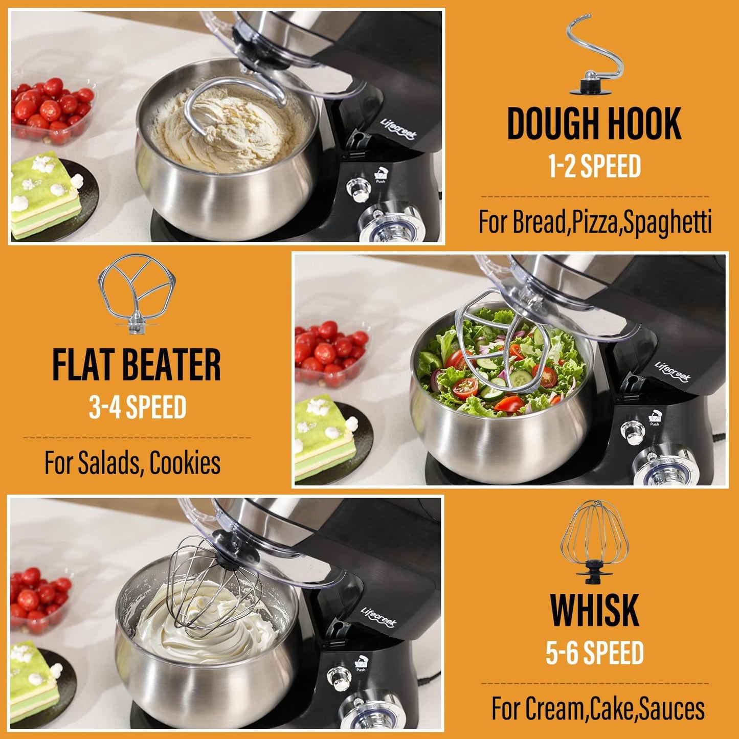 Lifecreek 3-in-1 Stand Mixer, 5.3Qt 660W, 6-Speed Tilt-head Food Mixer, Electric Kitchen Portable Lightweight Mixer with Stainless Steel Bowl, Dough Hook, Whisk, Beater(Black)