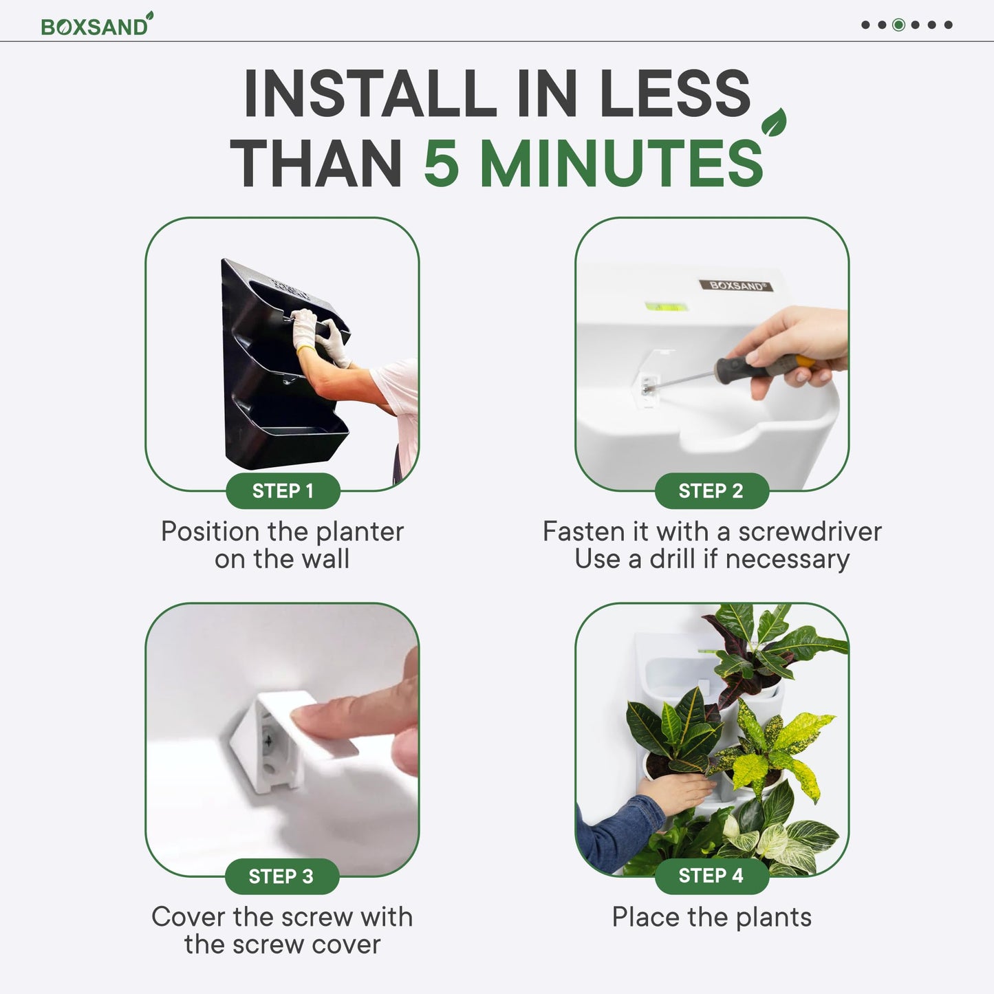 BOXSAND-6 Vertical Wall Planter (12"x26", Black with Square Pots) – Living Wall for 6 Plants, Indoor/Outdoor Vertical Garden System, Easy 2-Screw Install