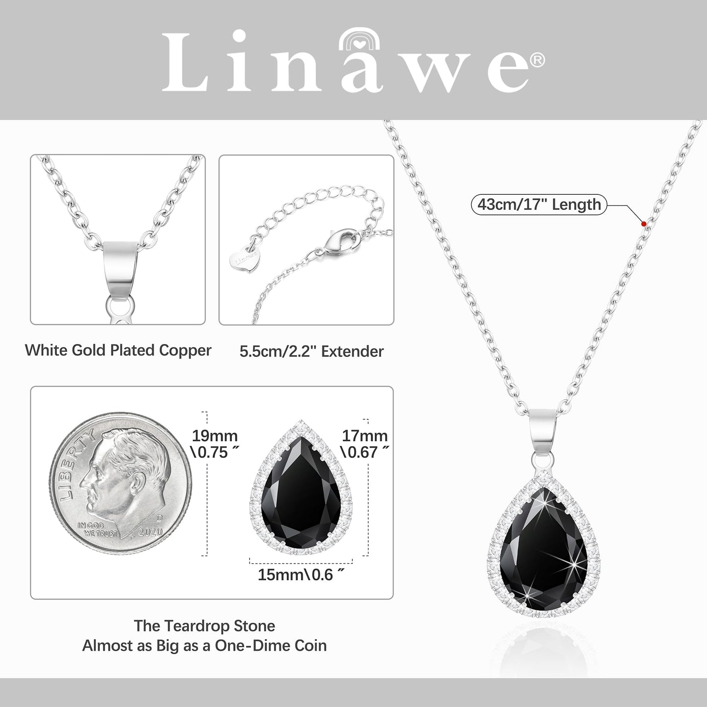 Linawe Black Crystal Silver Chain Pendant Necklace for Women Trendy, Imitation Diamond Cubic Zirconia Birthstone Rhinestone Teardrop Boho Necklace, Costume Jewelry Preppy