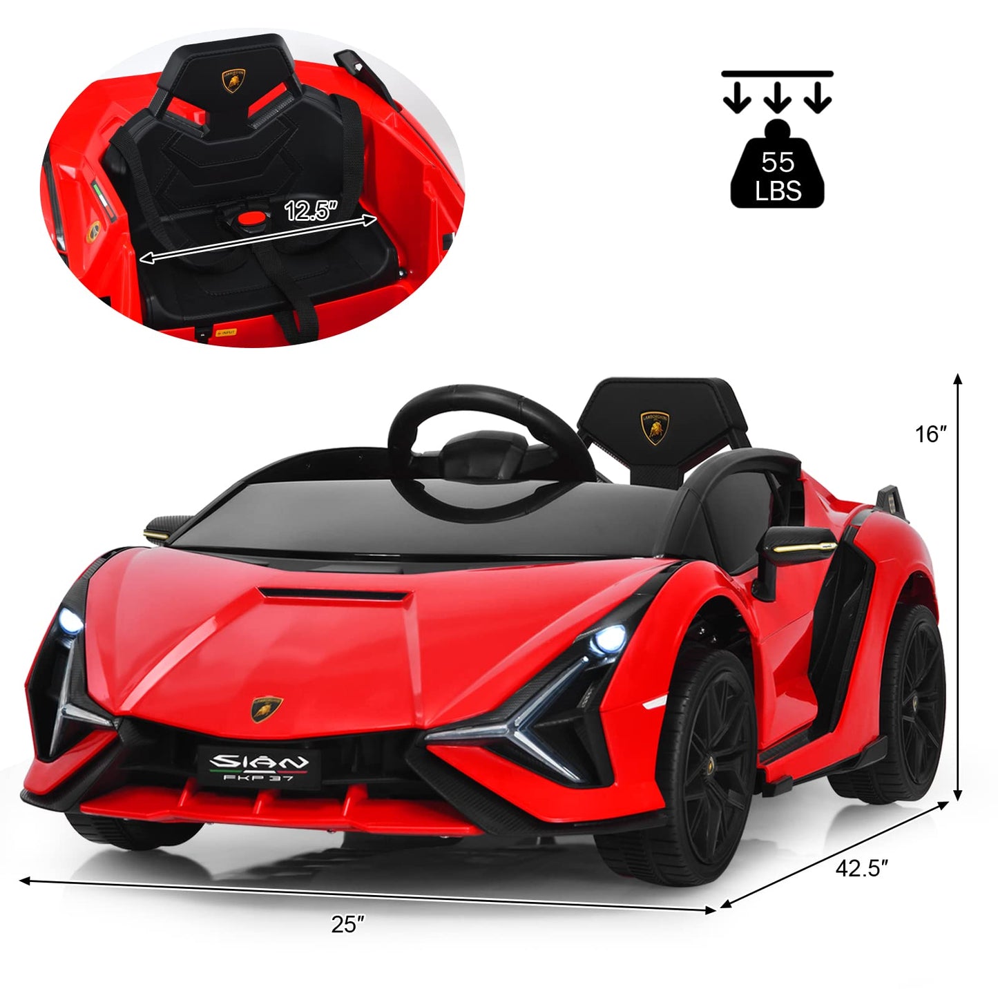 INFANS 12V Licensed Lamborghini Sian Kids Ride On Car with Parent Remote Control, Spring Suspension, MP3 Player, Electric Toy Roadster Carbon Fiber Textured for Toddler (Red)