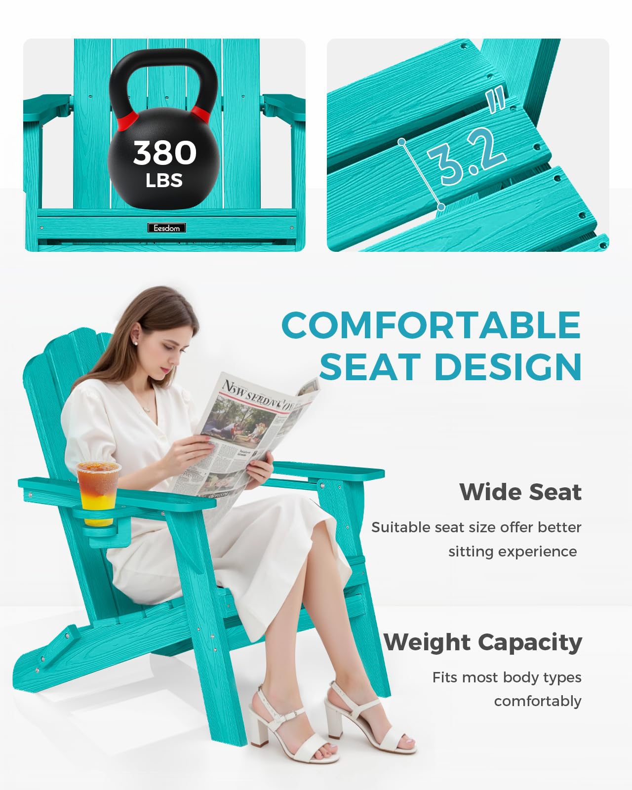 Eesdom Folding Adirondack Chair, HDPE Adirondack Chair with 2 Cup Holders, Pre-Assembled Outdoor Fire Pit Chairs for Patio, Garden, Poolside, Lakeblue