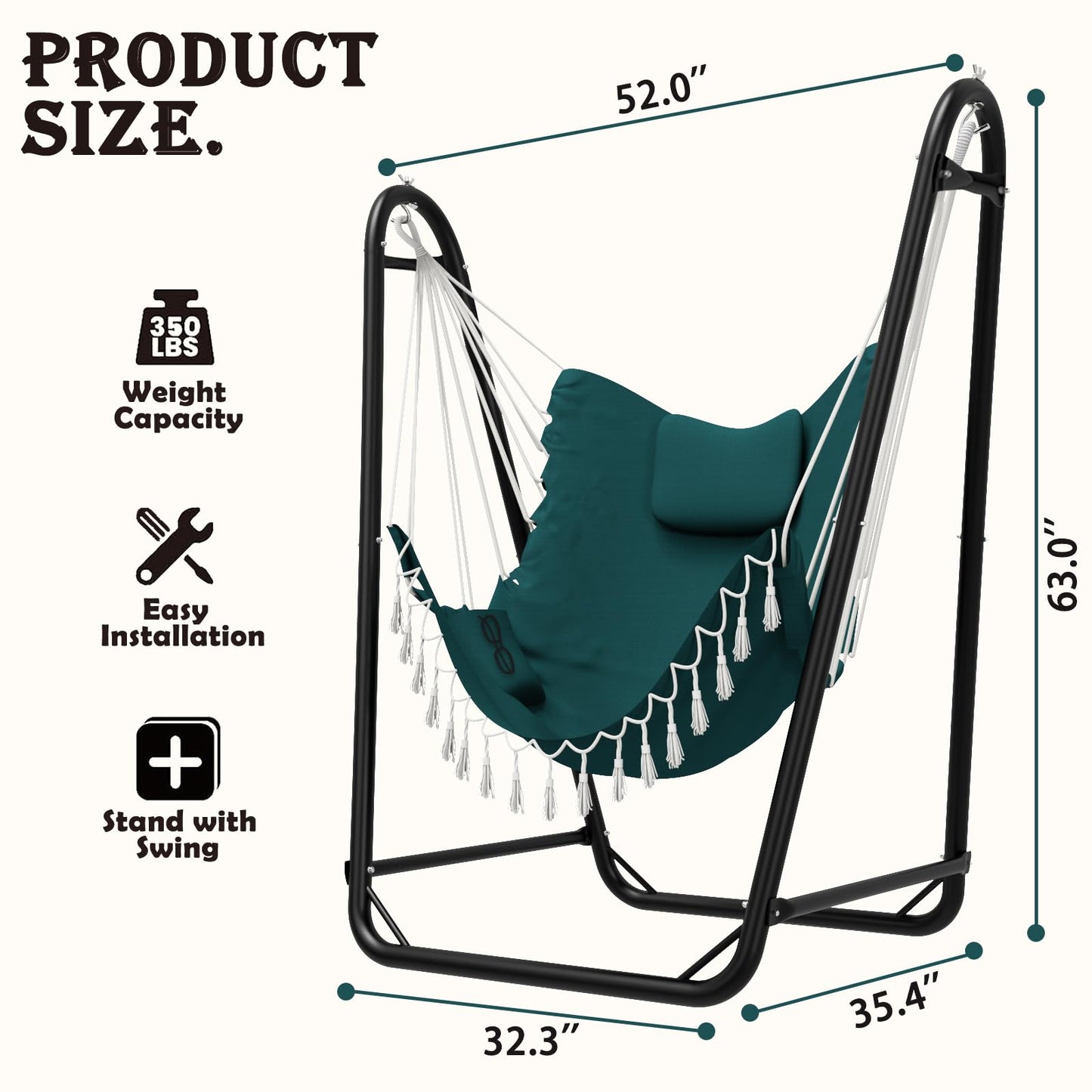 Hammock Chair with Stand,Heavy-Duty Hanging Chair with Stand, for Indoor Outdoor,Sturdy Swing Chair Stand Max Load 350 pounds(Hammock Chair Included) (Green)