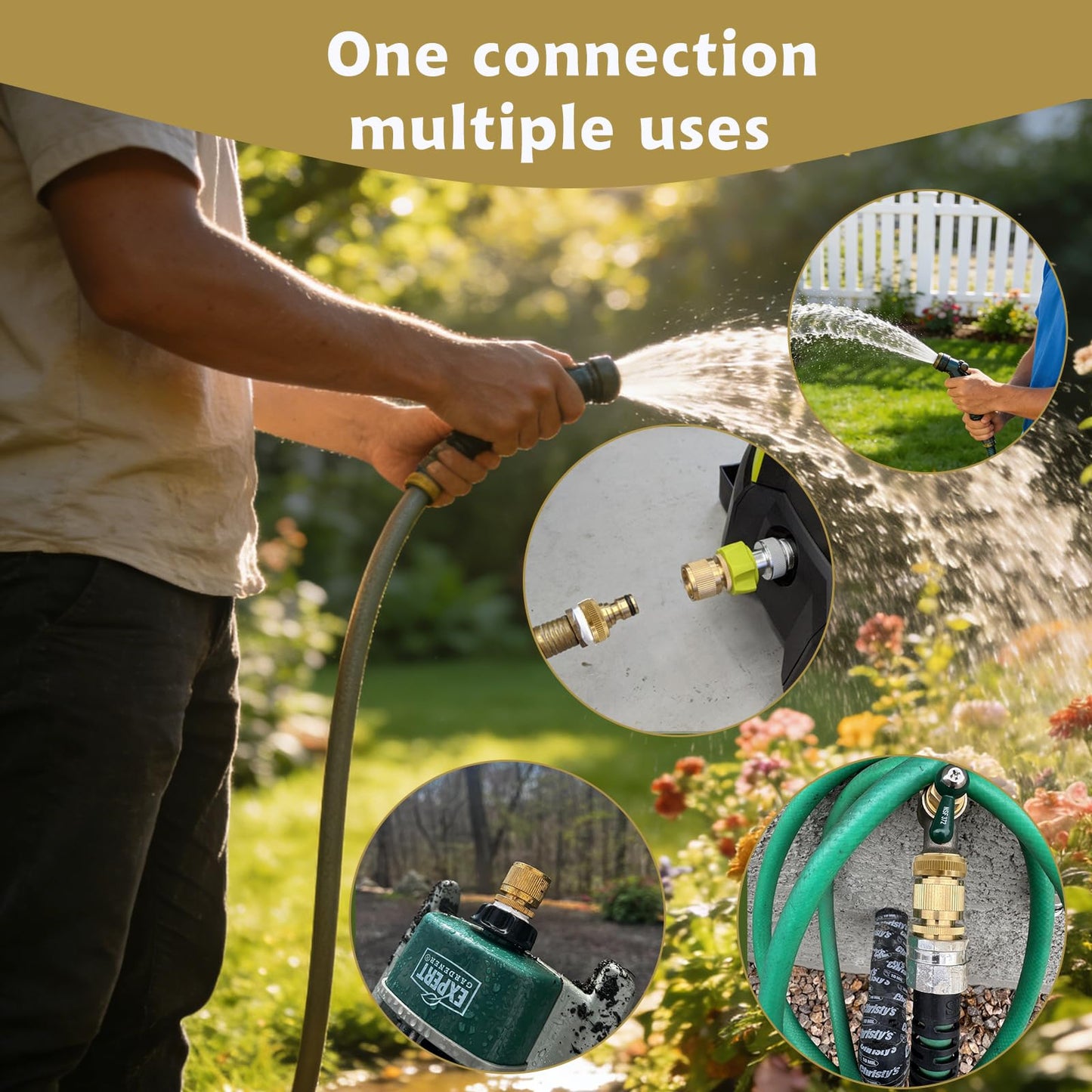 Yoniccal 3/4 Inch GHT Solid Brass Garden Hose Quick Connect Fittings, Water Hose Connectors with Leak-Proof Seal for Outdoor Gardening and Cleaning Use (4, Gold)