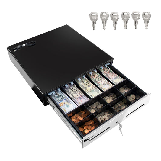 HK SYSTEMS 18inch Heavy Duty Black POS Cash Drawer with 5Bill/8Coin "Stainless Steel" Front, Ball Bearing Slides