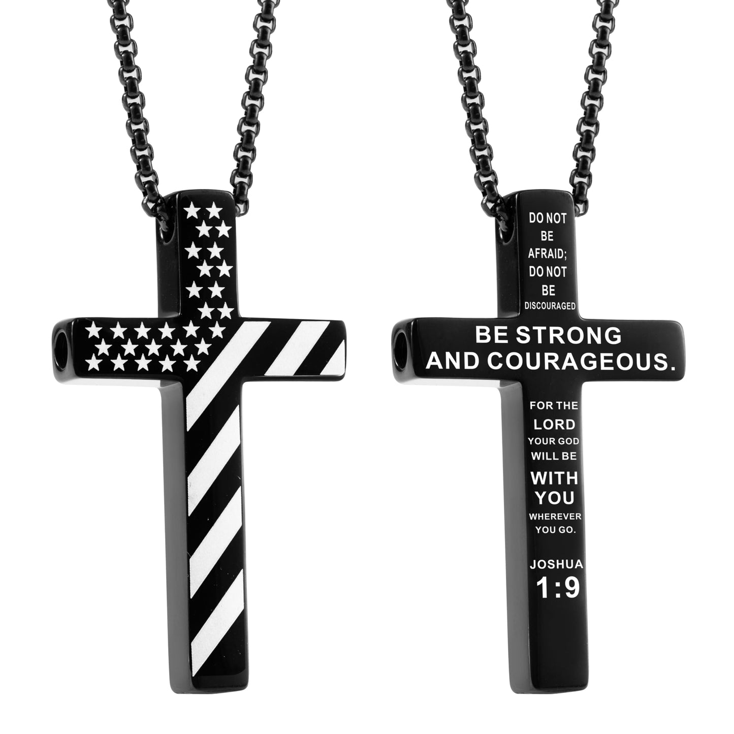 FUNPAR American Flag Cross Breathing Necklace, Stainless Steel Patriotic Jewelry, Inspirational Bible Verse Cross Necklace, Anxiety Relief Items for Men Christian Gift(Black 1:9)