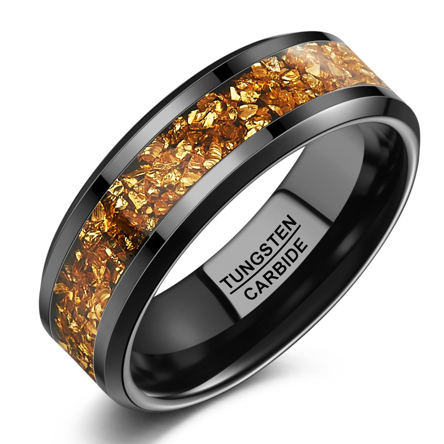 NUNCAD Men's Tungsten Rings 8mm Black Wedding Band Inlaid with Citrine Center Polished Domed Comfort Fit Size 9