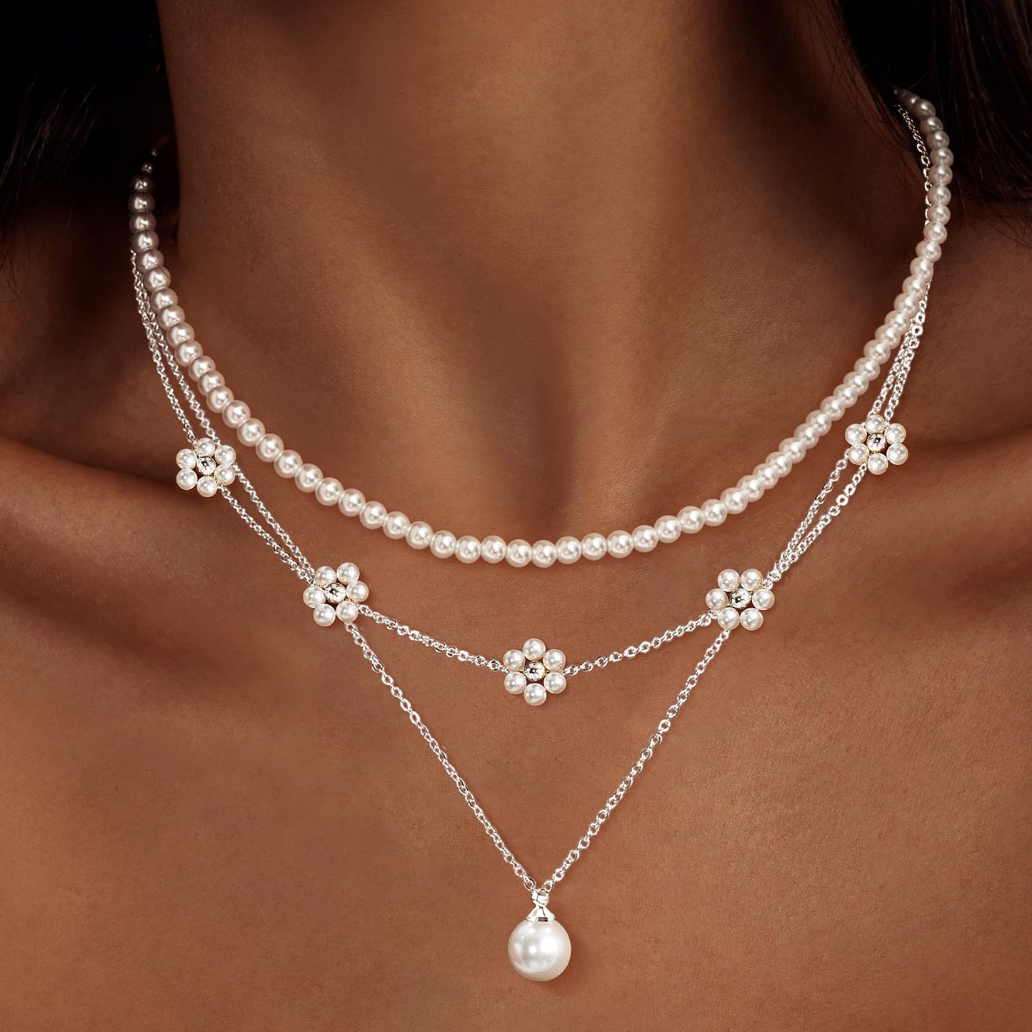 Zeffy Silver Daisy Pearl Necklaces for Women Silver Dainty Layered Pearl Choker Trendy Cute Silver Necklace Stack Wedding Jewelry Sets for Women Bridesmaid Gifts