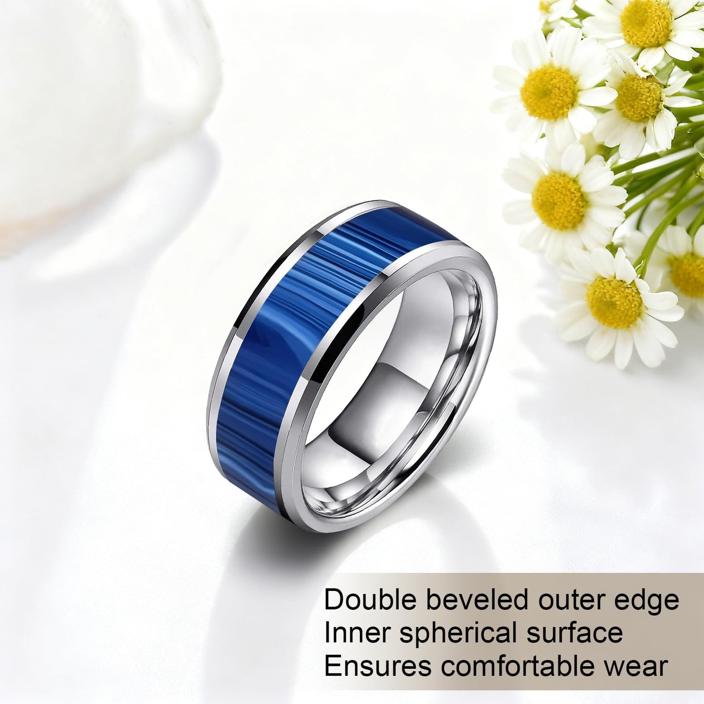 HJIMMNHONG New Carbon Fiber Fashion Rings Double Beveled Edge Delicate Polished Simple Stainless Steel Mens and Women Rings,8mm,Size Available (Peacock Blue, 7)