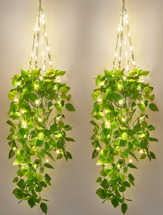 Mkono 2 Packs Fake Hanging Plant with Lights, Artificial Plants for Home Decor Indoor Macrame Plant Hanger with Fake Vines Greenery for Bedroom Bathroom Kitchen Office Decor