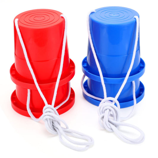 Meooeck 2 Pairs Walking Stilts Balancing Bucket Cup Thickened Plastic Stilts with Adjustable Rope for Kid Balance Coordination Birthday Playground Game Party Favor(Red, Blue)