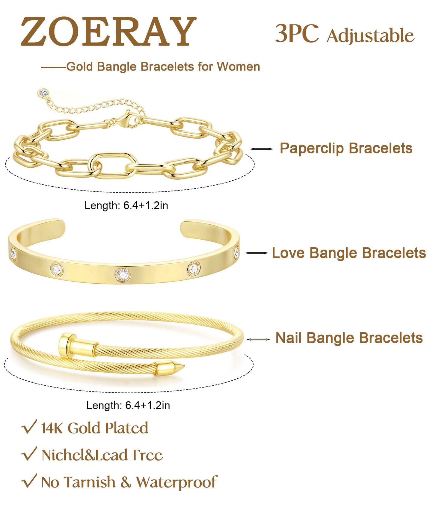 ZOERAY Silver Gold Bangle Bracelets for Women Non Tarnish 14k Gold Plated Stackable Cuff Bracelets for Women Trendy Cubic Zirconia Stainless Steel Chunky Bracelet Stack Set Waterproof Jewelry Gifts