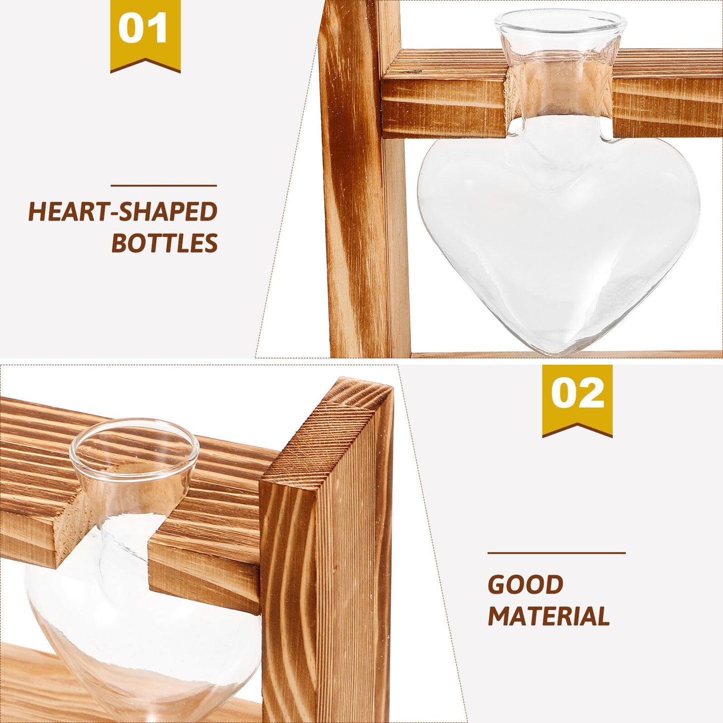 CORHAD Heart-Shaped Glass Plant Terrarium with Wooden Stand, Hydroponic Vase for Home and Office Décor, Creative Glass Flower Vase for Live Plants, 2pcs Set