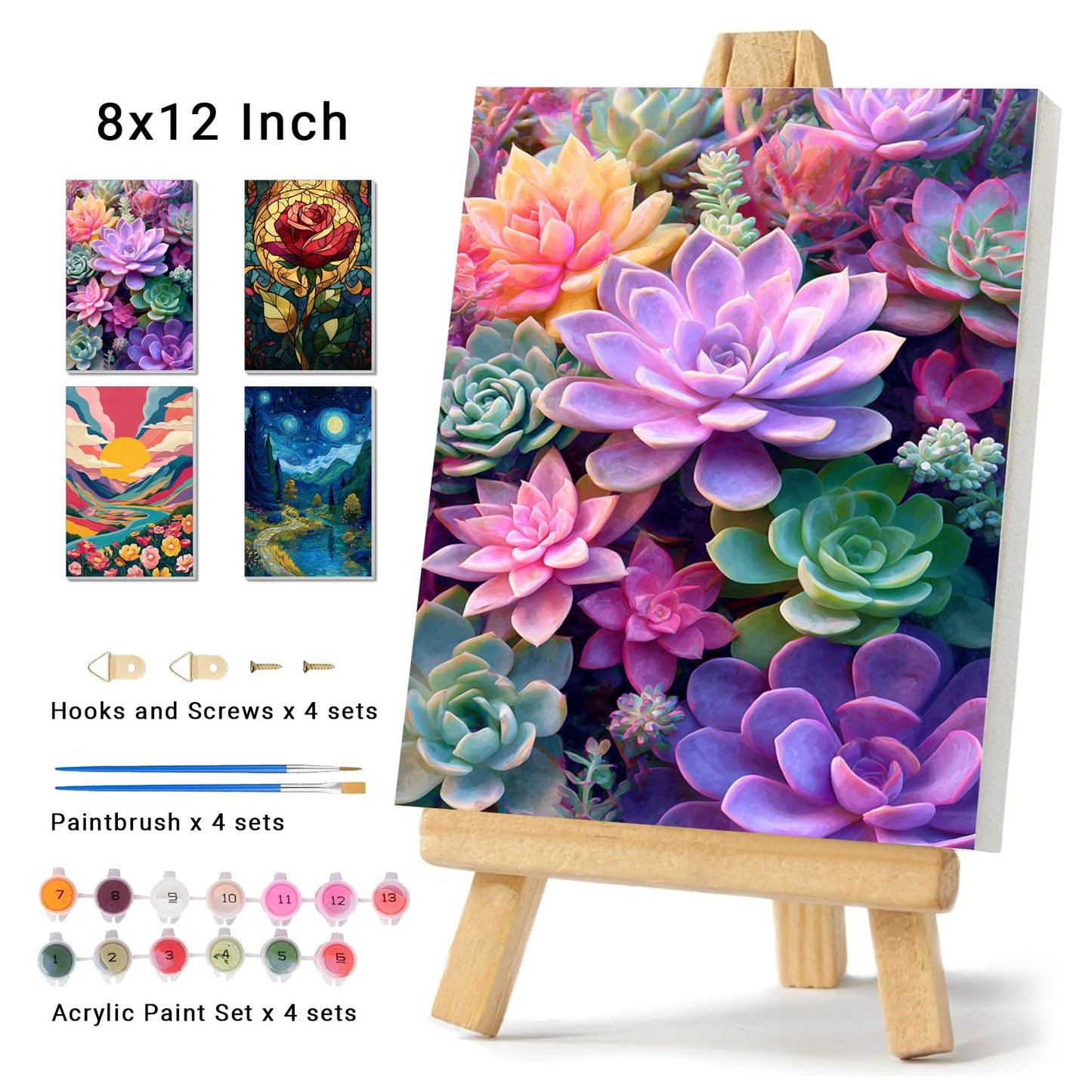 4 Pack Framed Paint by Numbers Kit for Adults Beginner Canvas Painting by Numbers for Adults Cactus Plants Easy Adult Paint by Number Kits with Frame Rose Flowers Watercolor Painting by Number 8x12 In