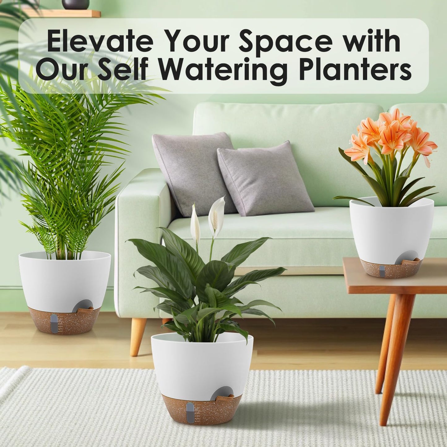 QRRICA Self-Watering Plant Pots with Water Level Indicator, Drainage Holes & Saucers – 12/10/9 Inch Large Plastic Planter Set for Indoor & Outdoor Plants (White)
