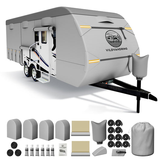 Heavy Duty Travel Trailer RV Cover 24-27ft, Rv Trailer Cover 8 Layers Breathable Waterproof Rip-Stop Camper Cover with Adhesive Repair Patches, Gutter, Tire & Additional Straps