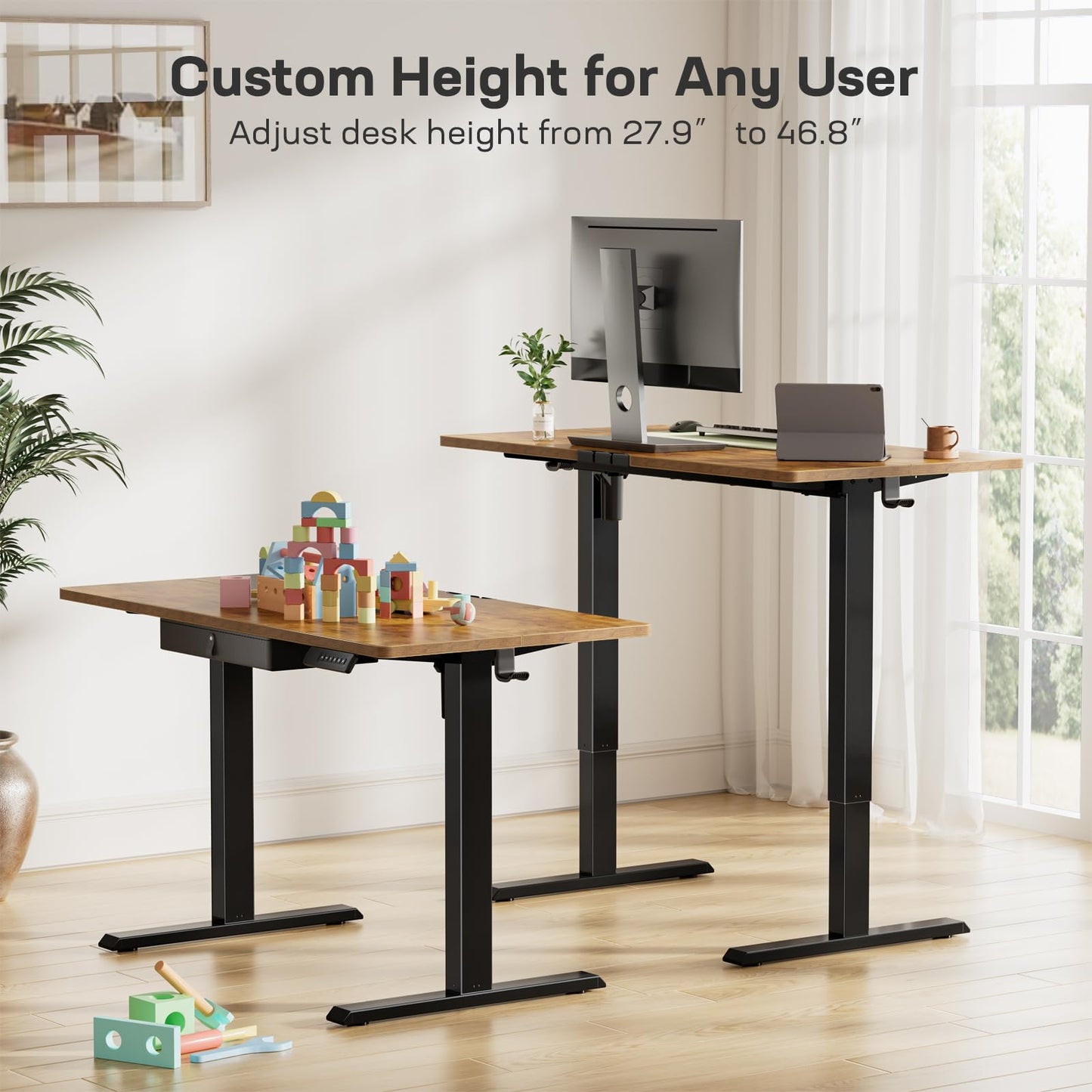 Marsail 48x24 Electric Standing Desk with Drawer, Computer Desk, Sit Stand Office Table with Storage & Hooks & Cable Management, Ergonomic Height Adjustable Table for Home Office, Brown