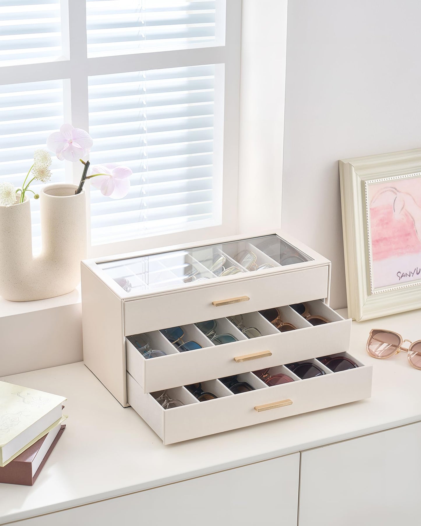 Lolalet 18 Slots 3-Layer Sunglasses Storage Box for Women, Eyewear Eye Glass Sunglass Organizer with Clear Top Lid Display Holder Case for Sunglasses Eyeglass Watch Jewelry, Mothers Day Gifts -Beige