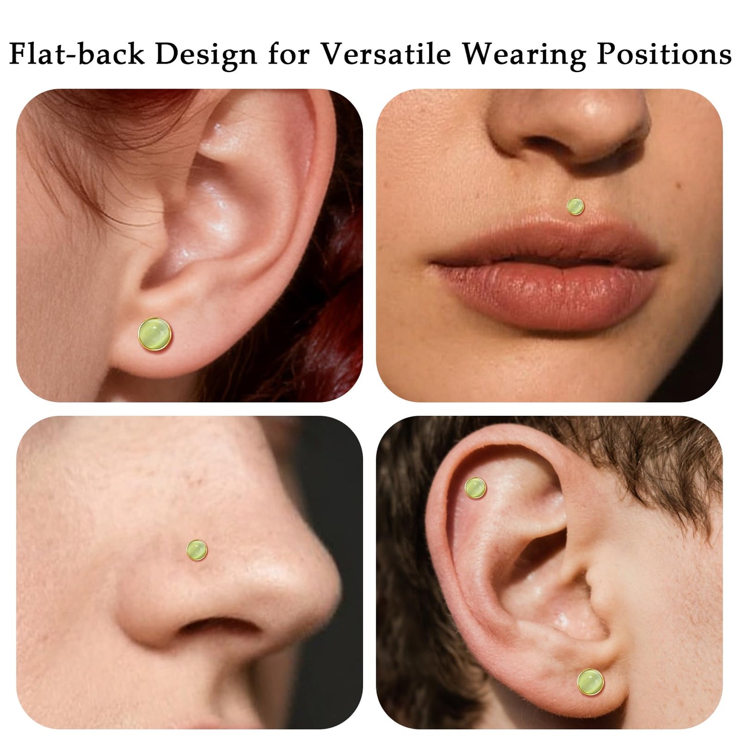 Limerencia Hypoallergenic Earrings for Sensitive Ears - 18G G23 Titanium Round Cat's Eye Push in Stud Earrings, Cartilage Stone Pierced Earrings for Women Men Gift,Green 4mm