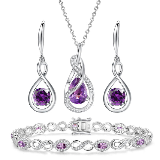 FANCIME Amethyst Jewelry Set Feburary Birthstone Sterling Silver Infinity Pendant Necklace Earrings Bracelet Purple Gemstone Fine Jewelry Anniversary Birthday Gifts for Women Her Mom Wife