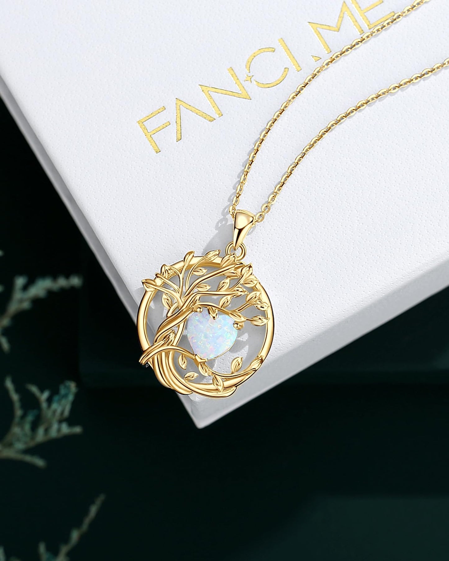 FANCIME Tree of life Birthstone Necklace for Women Sterling Silver Yellow Gold Plated Opal Pendant October Birthstone Gemstone Anniversary Birthday Mothers Day Gifts for Mom Her