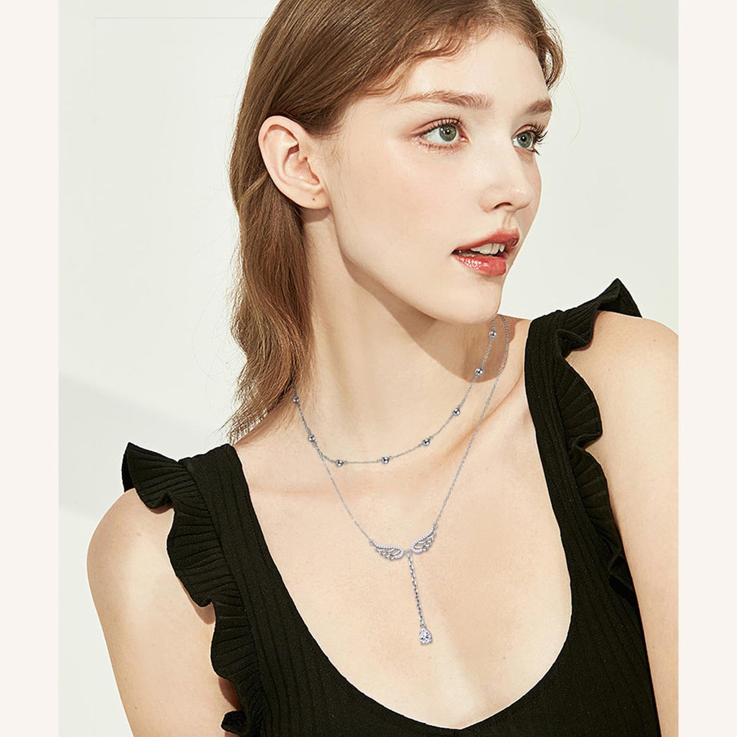 FLYOW Angel Wings Layer Necklace S925 Sterling Silver Double Layered Necklace Teardrop CZ Choker Y Lariat Long Necklace Birthday Mothers Day Gifts Sympathy Jewelry for Women