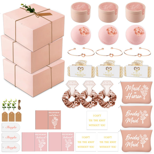 37pcs Bridesmaid Gifts Set Of 3 Pink，Maid of Honor Proposal Box Gift,Scented Candle Salt Ball Makeup Bag Rectangular Hair Clip Bridesmaids Scrunchies Knot Bracelet Bridal Shower Wedding Party