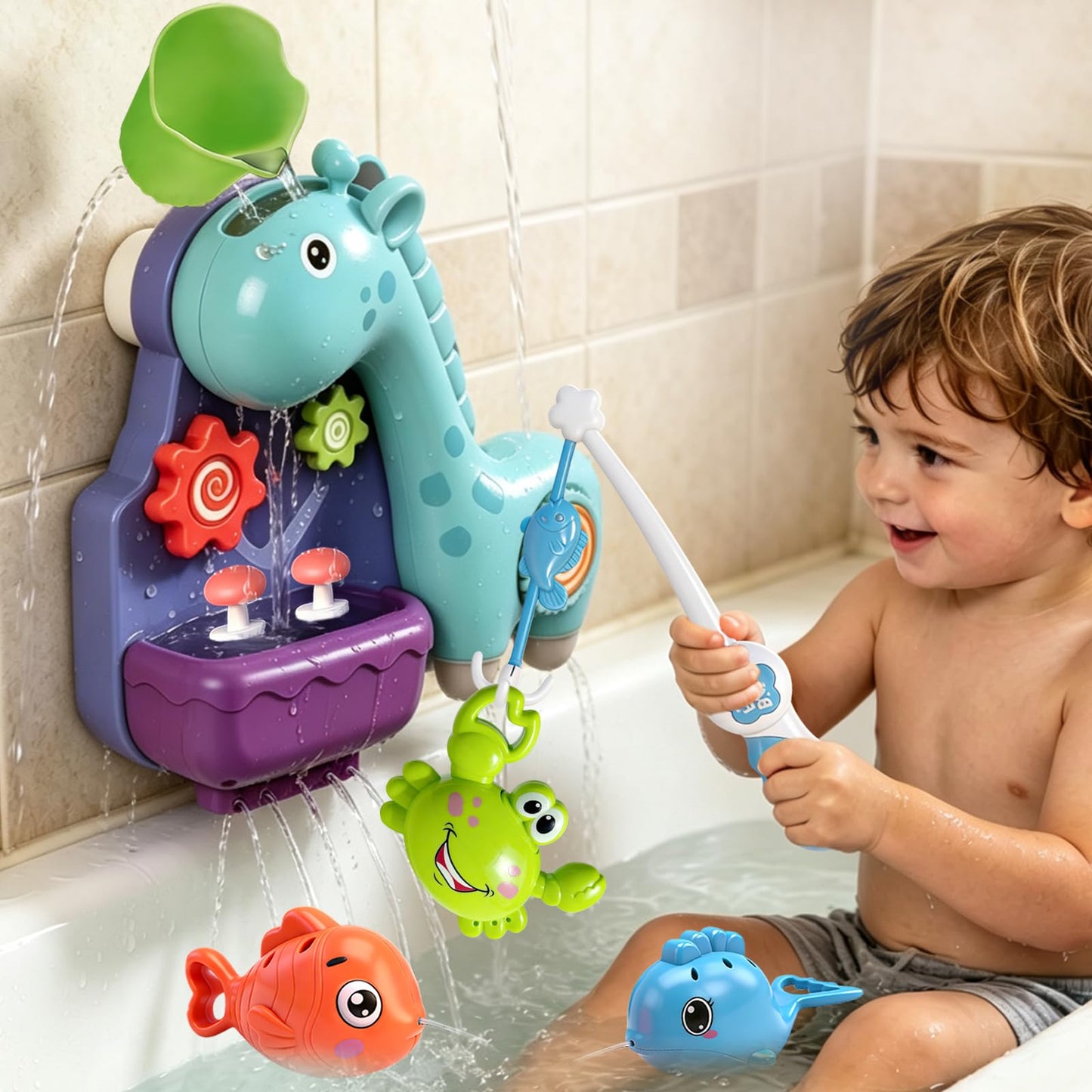 Uermis Baby Bath Toys for Toddlers Ages 18+ Months, Cute Giraffe Interactive Toddler Bathtub Toys with Fishing Pole and Water Spraying Animals, Ideal Baby Bath Time Gift for Boys Girls