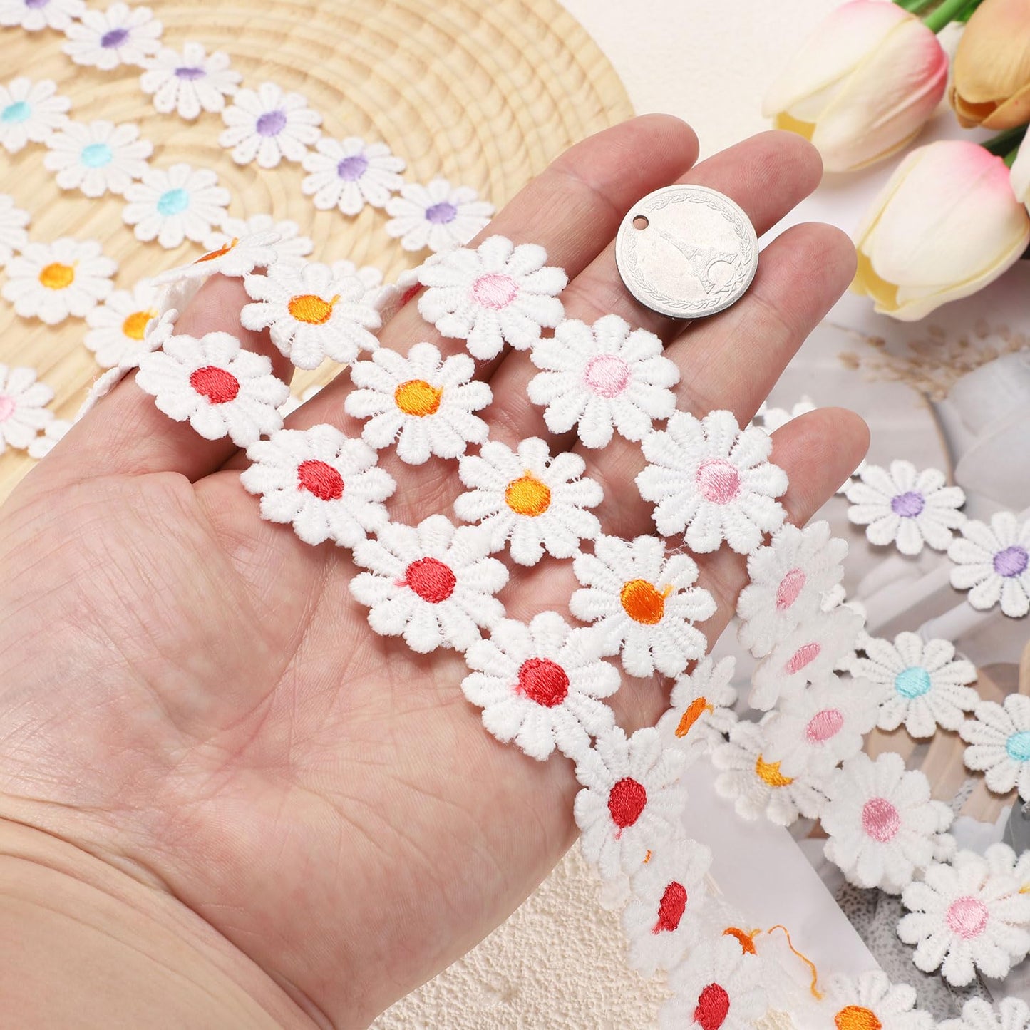uxcell Flower Lace Trim, 5 Yards 1 Inch Wide Delicate Floral Edge Lace Trim Ribbon DIY Handmade Patchwork Ribbon Sewing Supplies Crafts, White-Purple