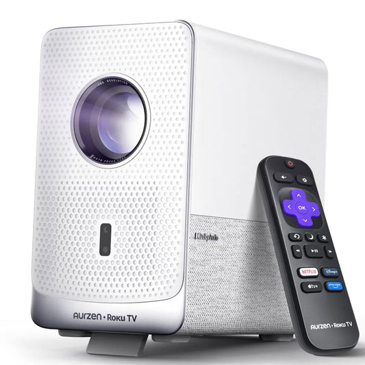 Aurzen Roku TV Smart Projector with Wifi and Bluetooth, D1R Cube Roku Streaming Experience Built-in, Sealed Optical Engine, 1080P FHD, DoIby Audio, Portable Mini Projector for Home/Outdoor Movies