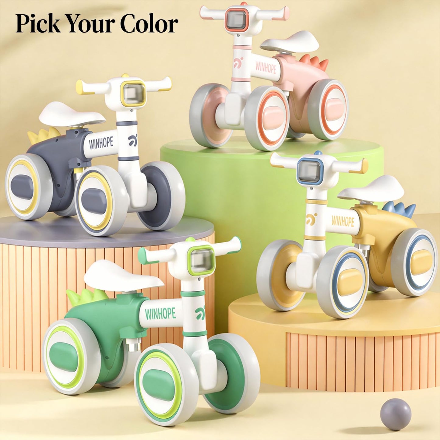 WinHope Baby Balance Bike for 1 Year Old Boys & Girls,Toddler Balance Bike for 12-36 Months Kids,4 Silent Wheels with Colorful Lights & Music,First Bicycle Ride on Toy Gifts(Grey)