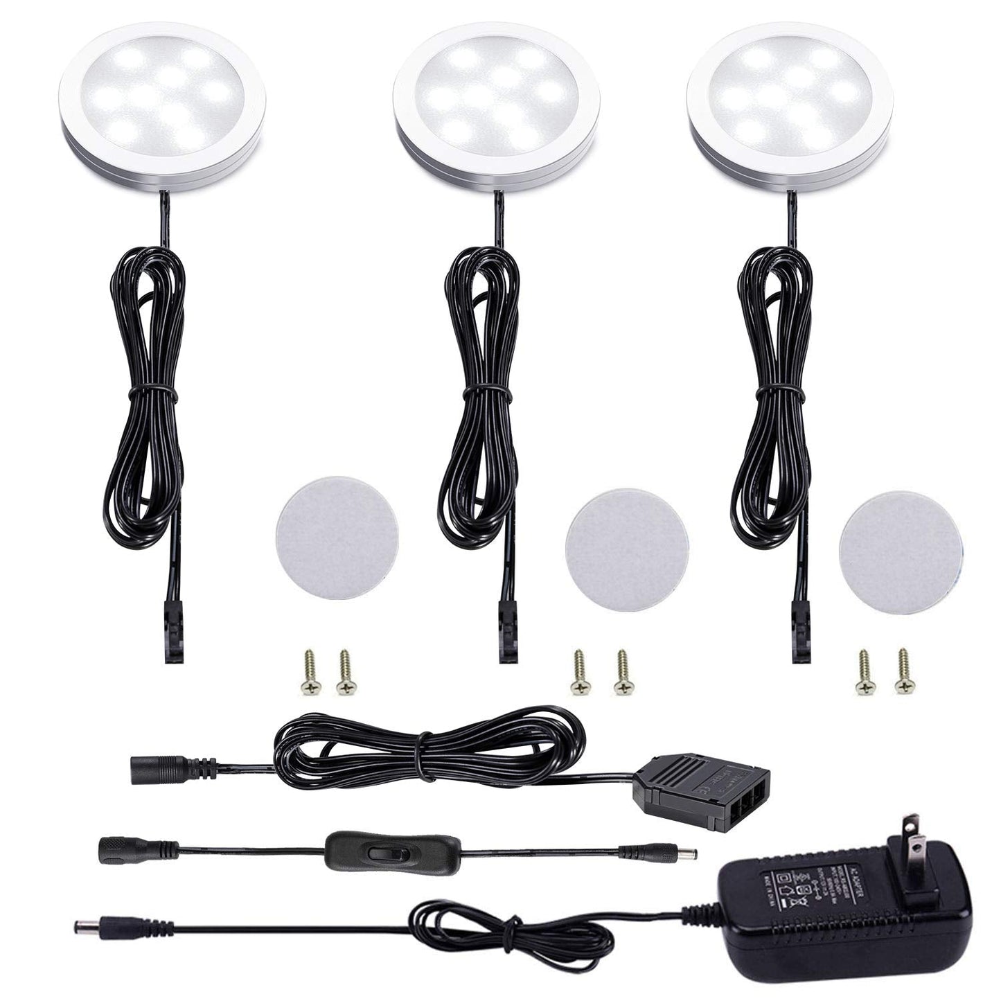 AIBOO 12V LED Under Cabinet Lighting Kit 3 Packs Slim Aluminum Puck Lights with 2-Way Switch All Accessories Included for Counter Closet Lighting 6W (Daylight White)