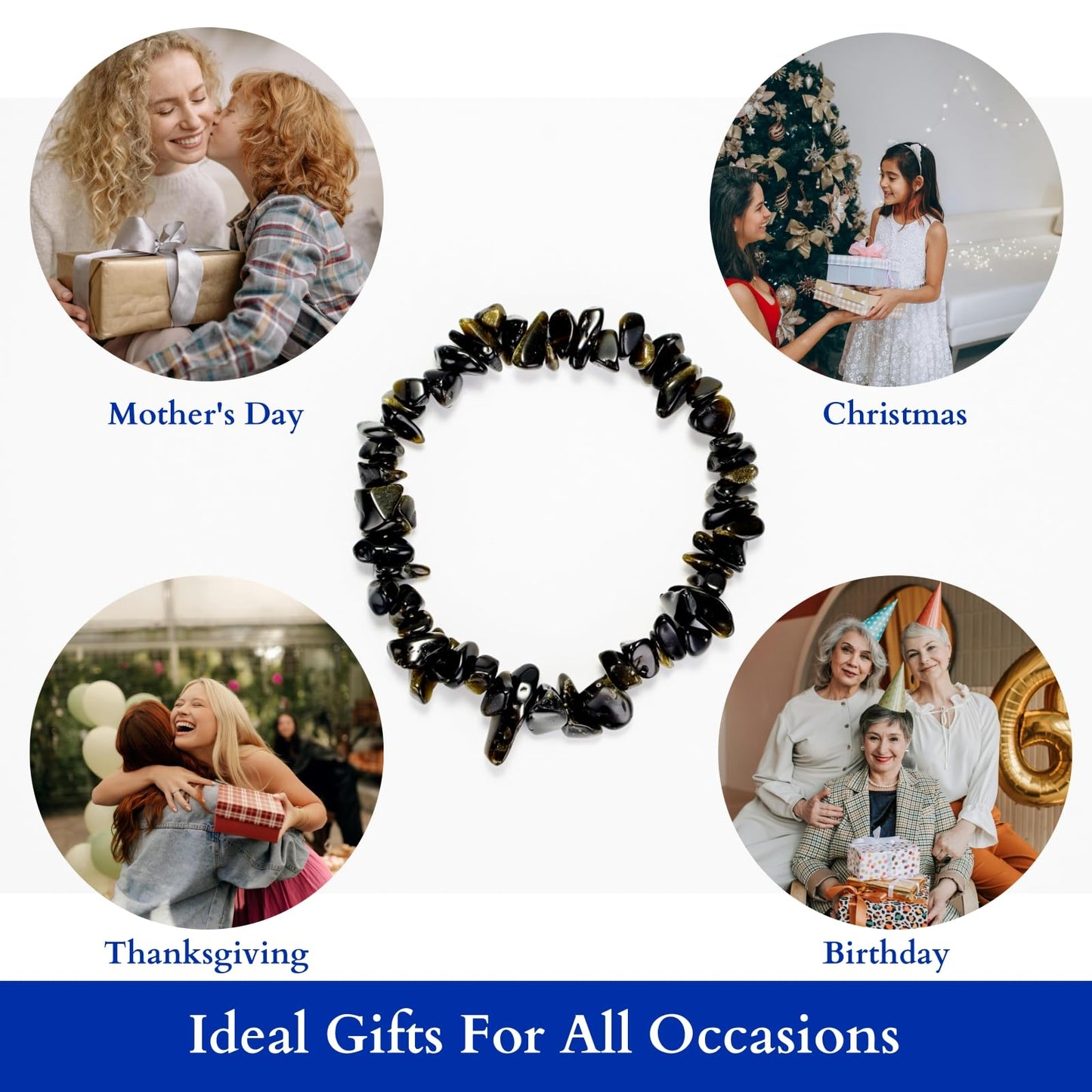 Herxion Gold Black Obsidian Bracelet Men & Women - Irregular Chips Black Natural Genuine Gemstone Raw Healing Crystal Elastic Bead Stretch Bracelet - ‌Protective Energy, Emotional Balance & Wealthy
