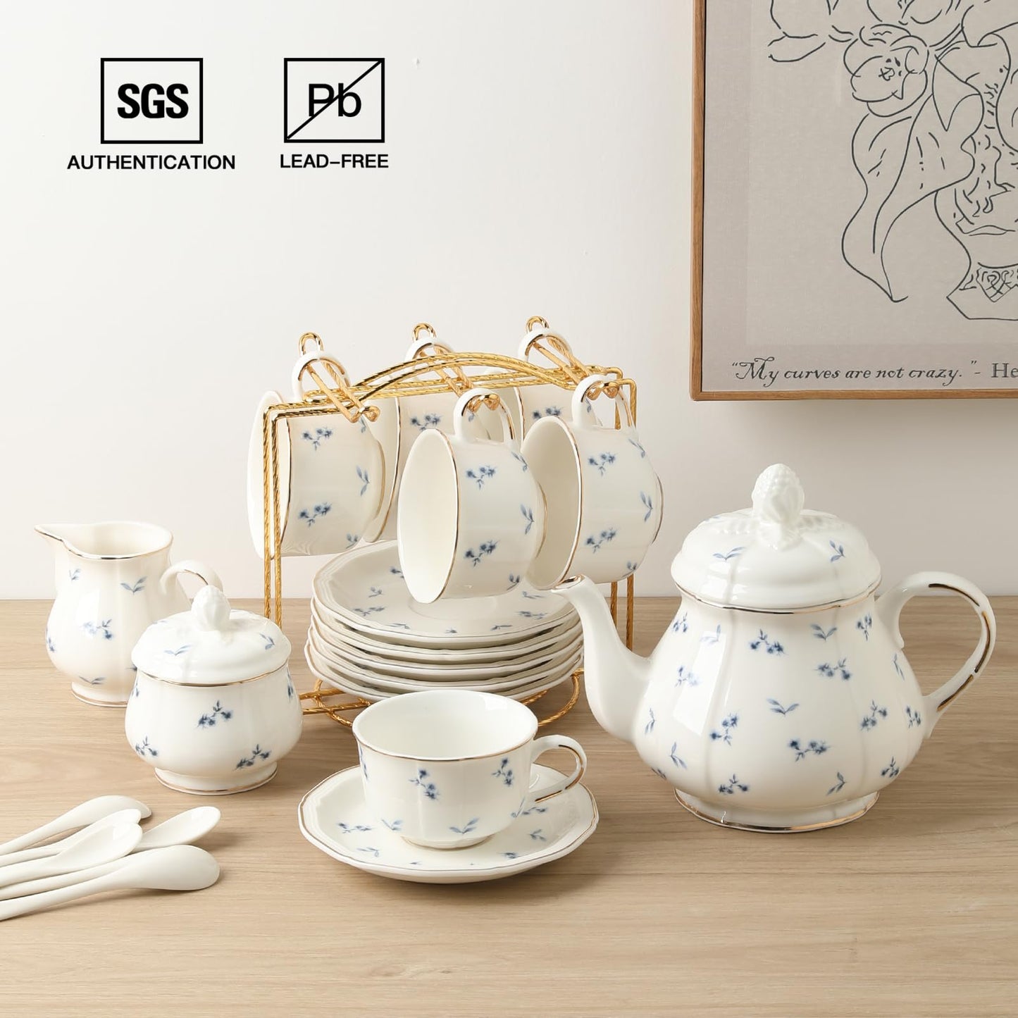 Sweejar 23 Pcs Floral Tea Sets with Metal Holder, Relief Gold Rim Porcelain Tea Sets for Adults, Cup and Saucer Set for 6, with Teapot, Sugar Bowl, Milk Jug, Spoons (Blue Flower)