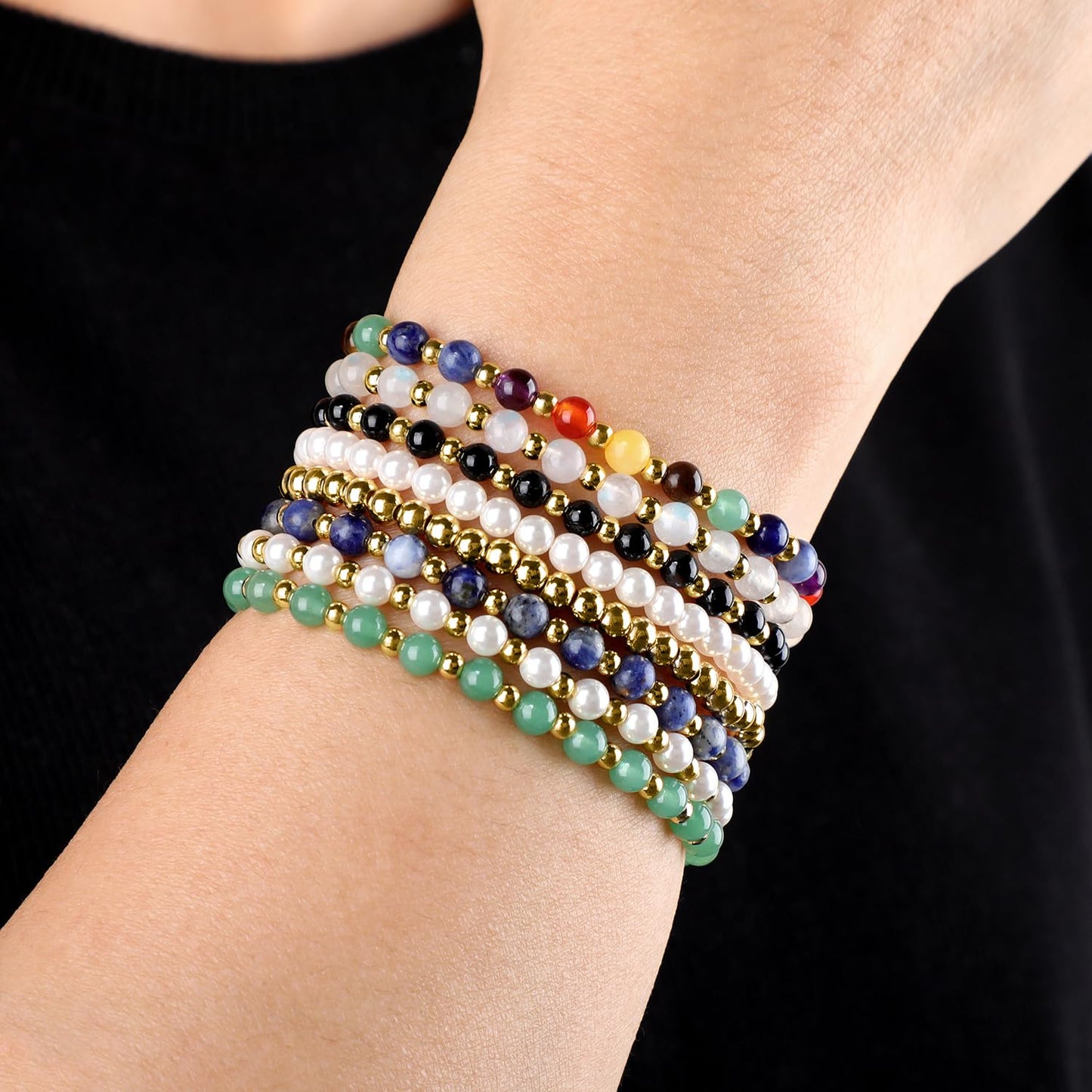 QOGIR Green Aventurine - Prosperity - 14K Gold Plated Beads Natural Gemstone Stretch Elastic Dainty Healing Beaded Bracelets Gifts 4mm