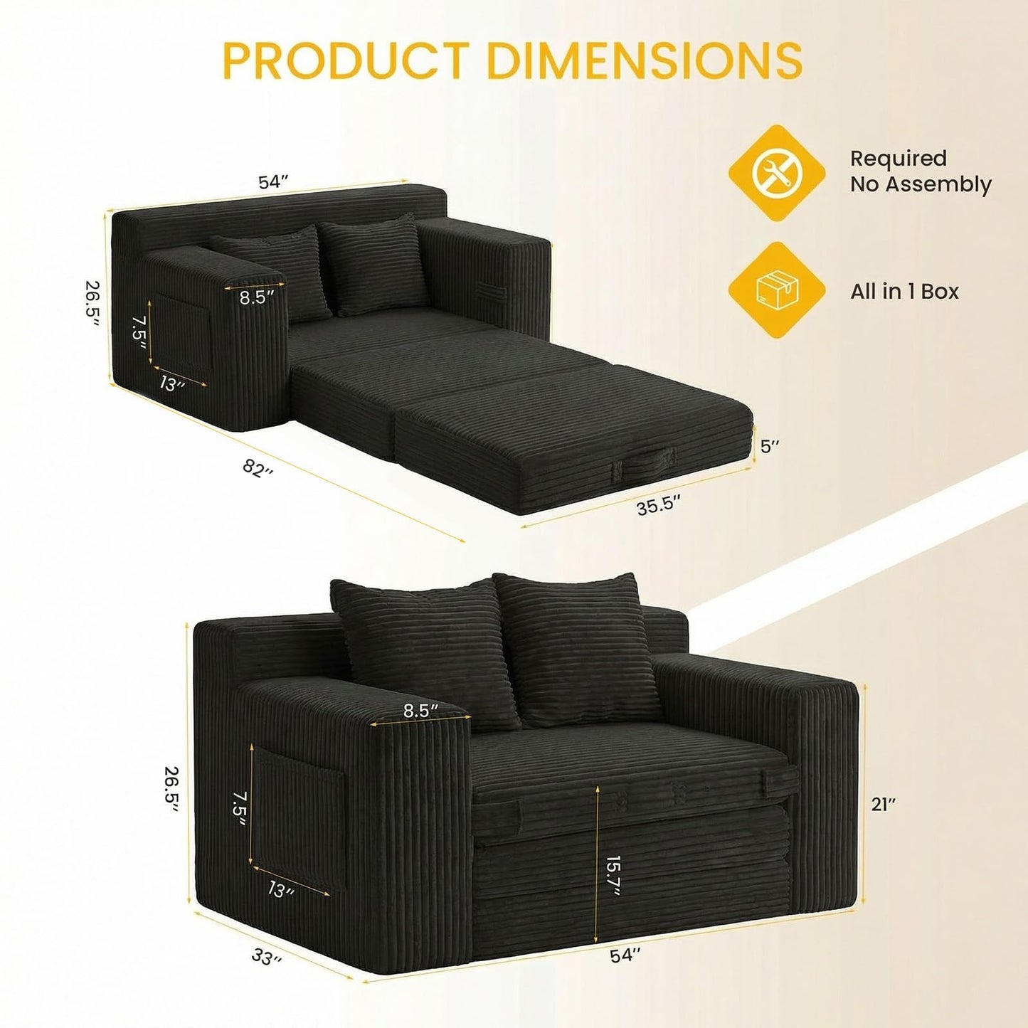 Boneless Loveseat Sleeper Sofa Bed: 3-in-1 Convertible Sofa Bed with Side Pockets & Handle,Pull Out Couch with 2 Pillows,Folding Futon for Small Space,Living Room & Bedroom,Corduroy Fabric,No Assembly