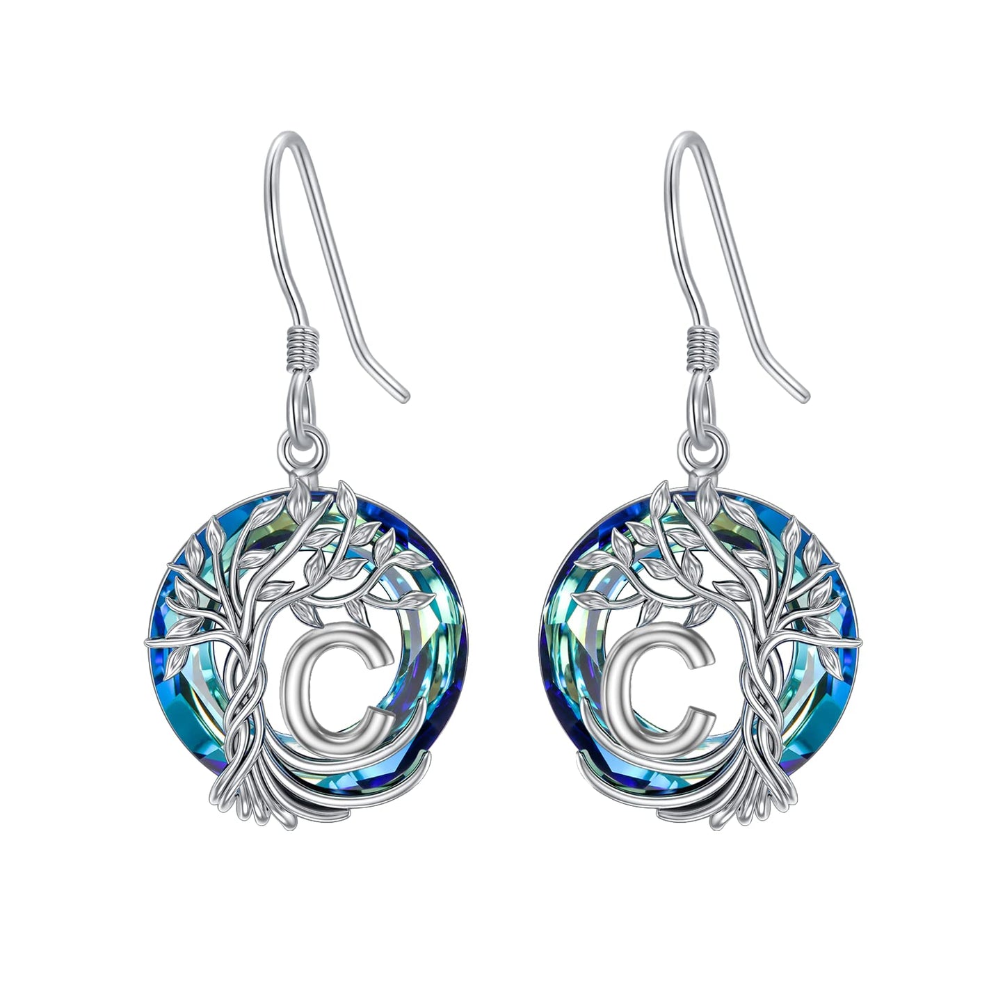 TOUPOP Tree of Life Initial Earrings Sterling Silver Initial C Letter Drop Dangle Earrings Blue Circle Crystal Family Tree Jewelry Birthday Mothers Day Gifts for Women Mom Her