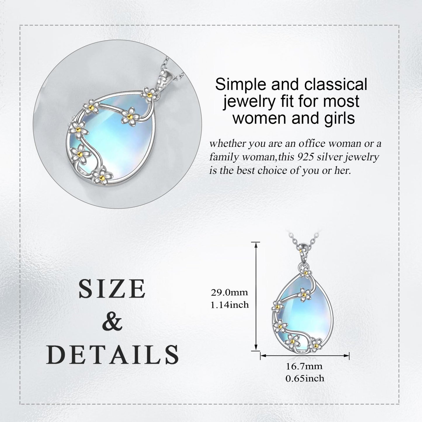 YAFEINI 925 Sterling Silver Moonstone Necklace Filigree Teardrop Flower Pendant Necklace Jewelry for Women (H-Moonstone flower necklace)