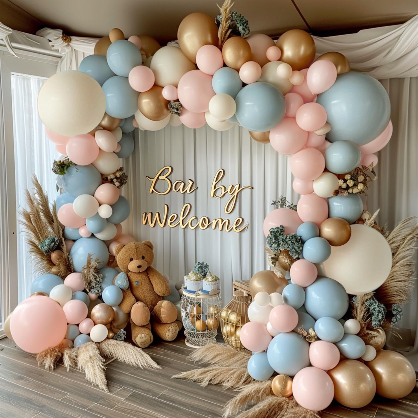 Gender Reveal Balloon Arch Kit, 144PCS Dusty Pink and Blue Balloons Chrome Gold Sand White Balloons for Boy or Girl Gender Reveal Boho Bachelorette Birthday Wedding Bridal Bear Theme Decorations