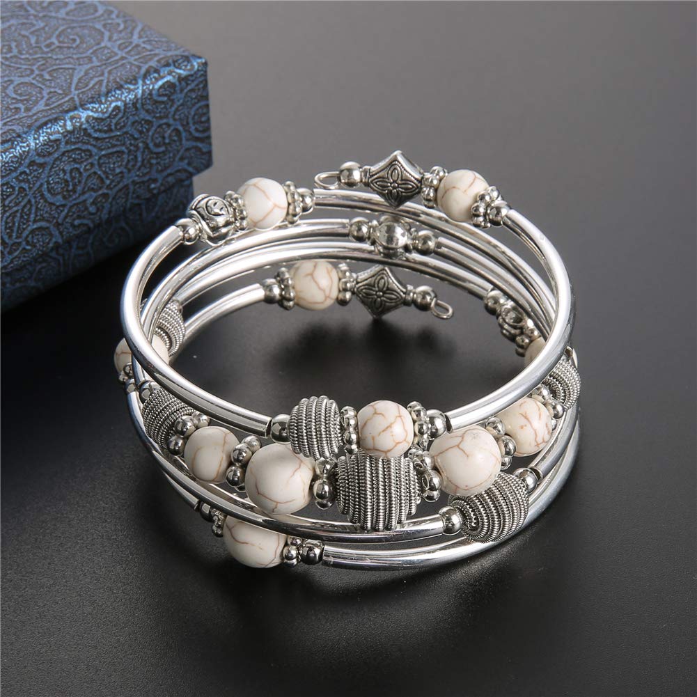 PEARL&CLUB Beaded Chakra Bangle Turquoise Bracelet - Fashion Jewelry Wrap Bracelet with Thick Silver Metal and Mala Beads, Birthday Gifts For Women(White Turquoise)
