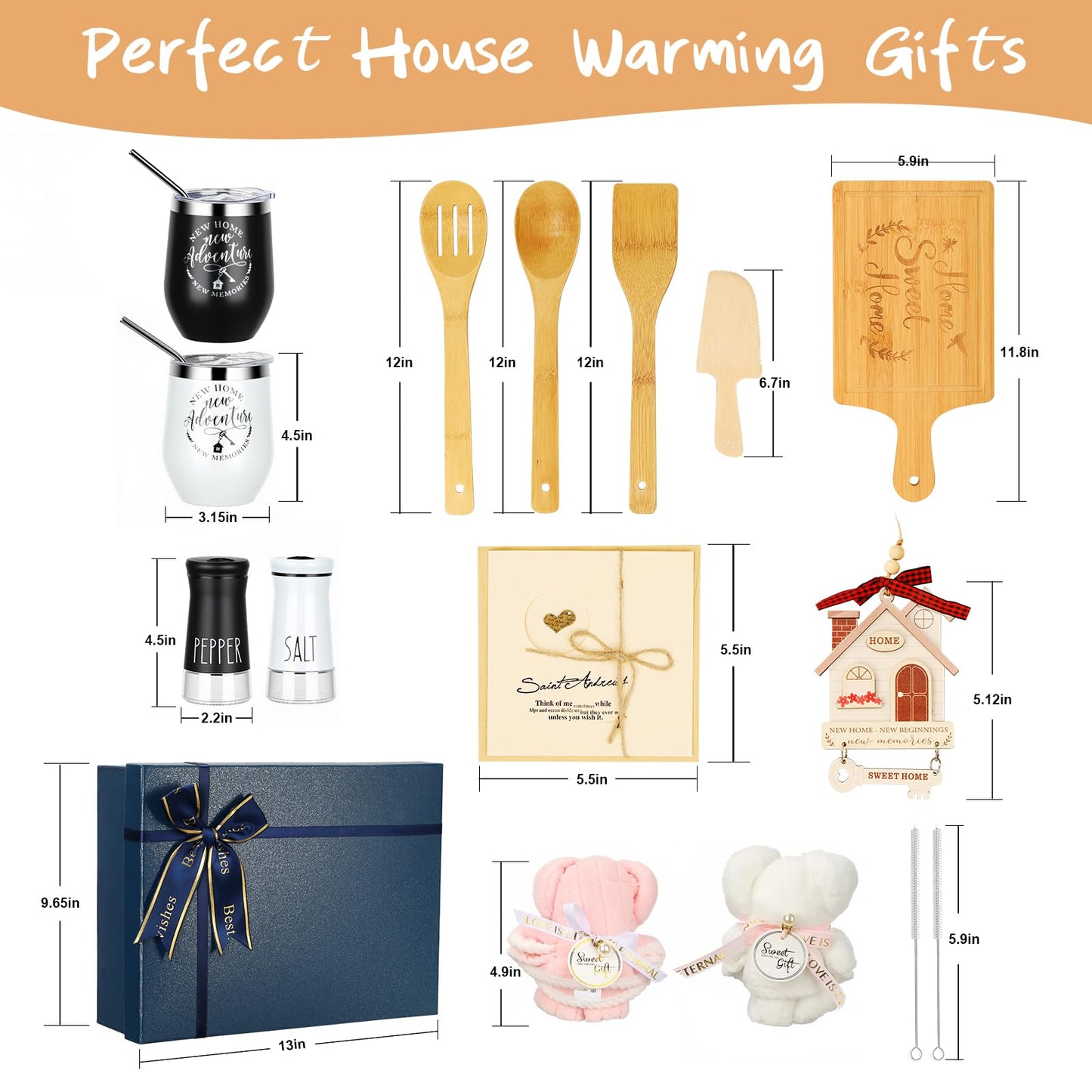 House Warming Gifts New Home, 13 Pcs New House Gift Basket, Home Essentials for New Home Gift Set, Home Sweet Home Bamboo Serving Board for Couple Women Men