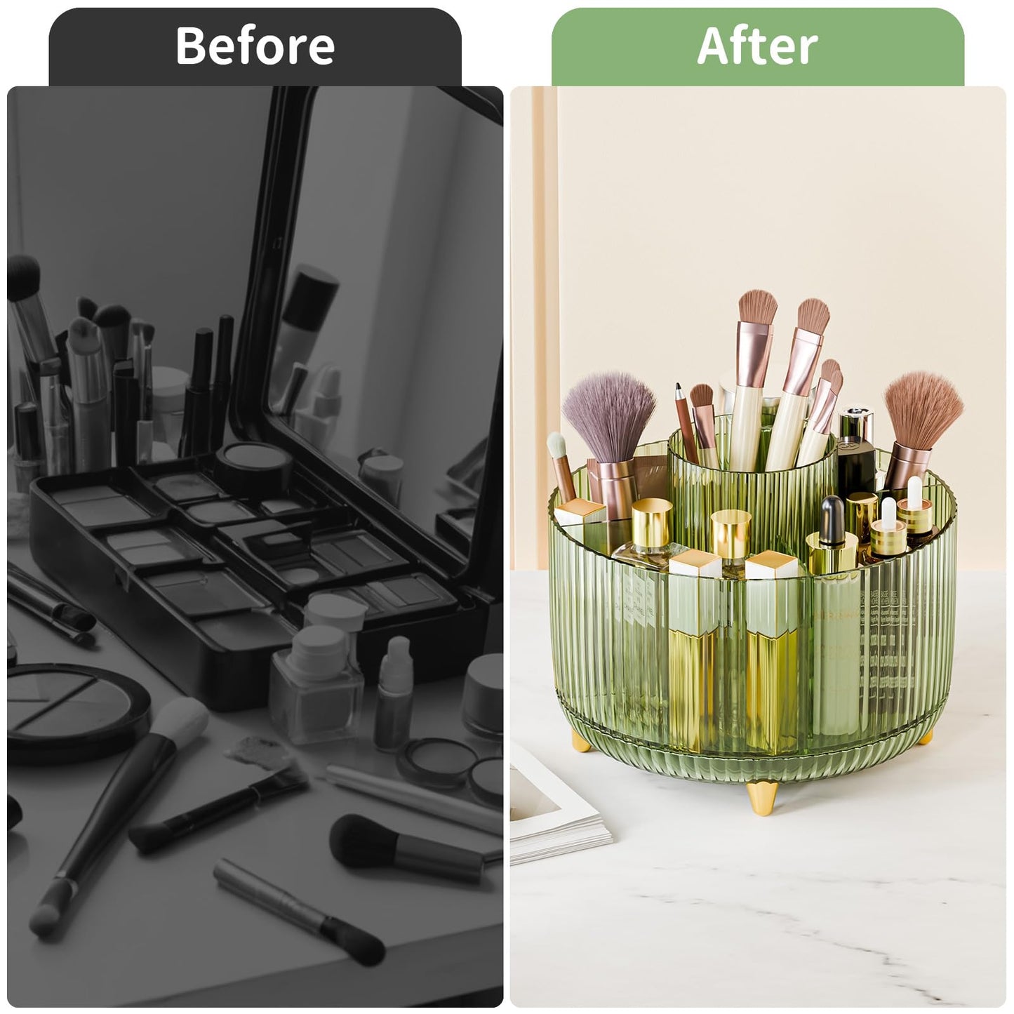 360° Rotate Makeup Brush Holder Organizer, Makeup Organizers Countertop, Makeup organization and Skincare Storage for Vanity, Desktop, Bathroom (Clear Green)