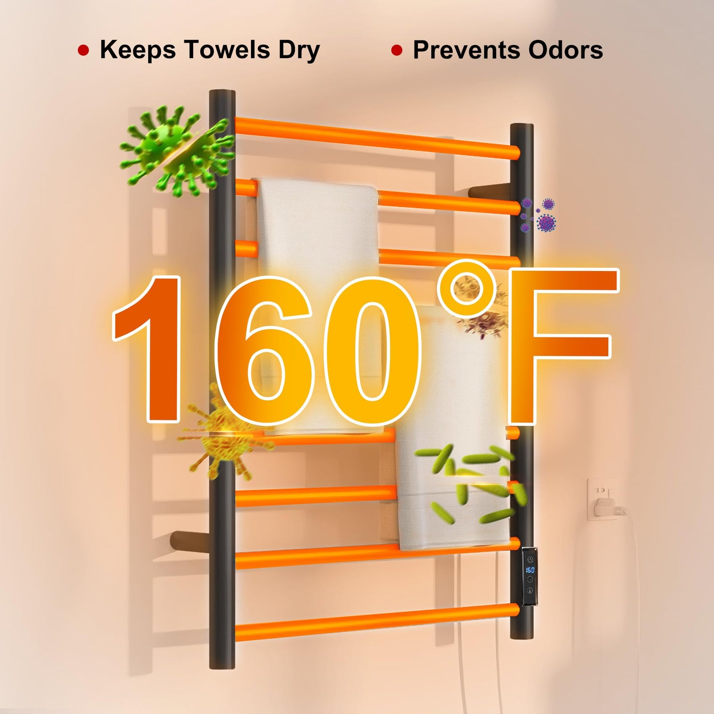 BLARALA Heated Towel Racks for Bathroom, Wall Mounted Electric Towel Warmer Racks with Timer & Temperature Control, 8 Bar Stainless Steel Towel Heater for Bathroom, Matte Black, Plug-in