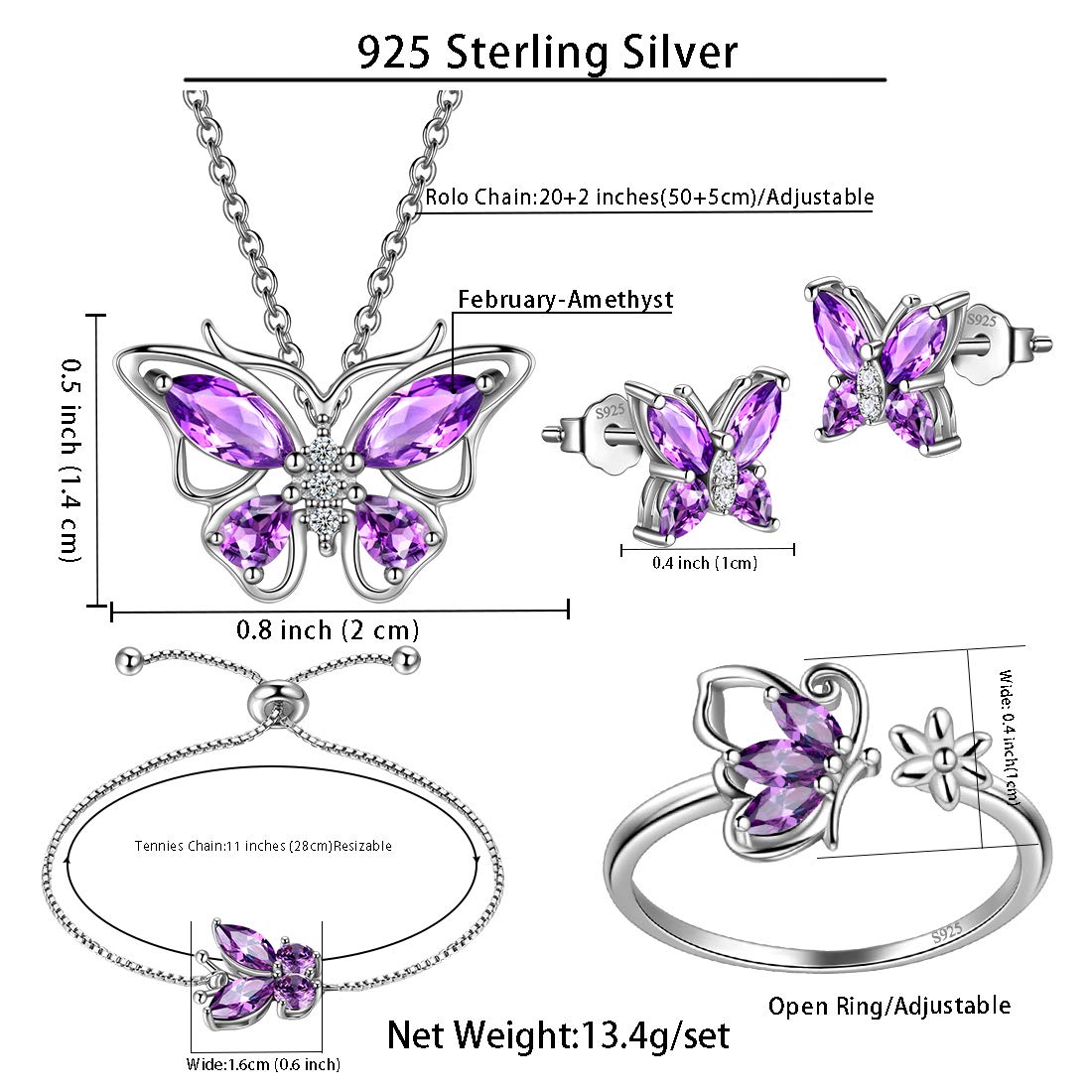 Hipunk Butterfly Purple Jewelry Sets Birthstone Women 925 Sterling Silver Februsry-Amethyst Birth Stone Animal Butterflies Jewelry Sets/Earring/Ring/Bracelet Set Crystal Birthday Jewelry SS0003F